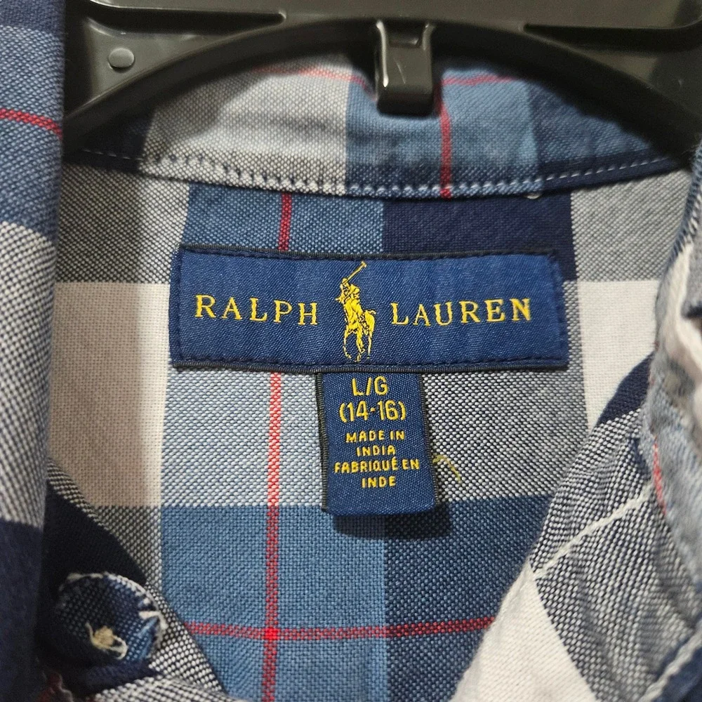 Ralph Lauren Boys Blue White Plaid Button Down Shirt‎ Size Large 14-16 L/G Pony